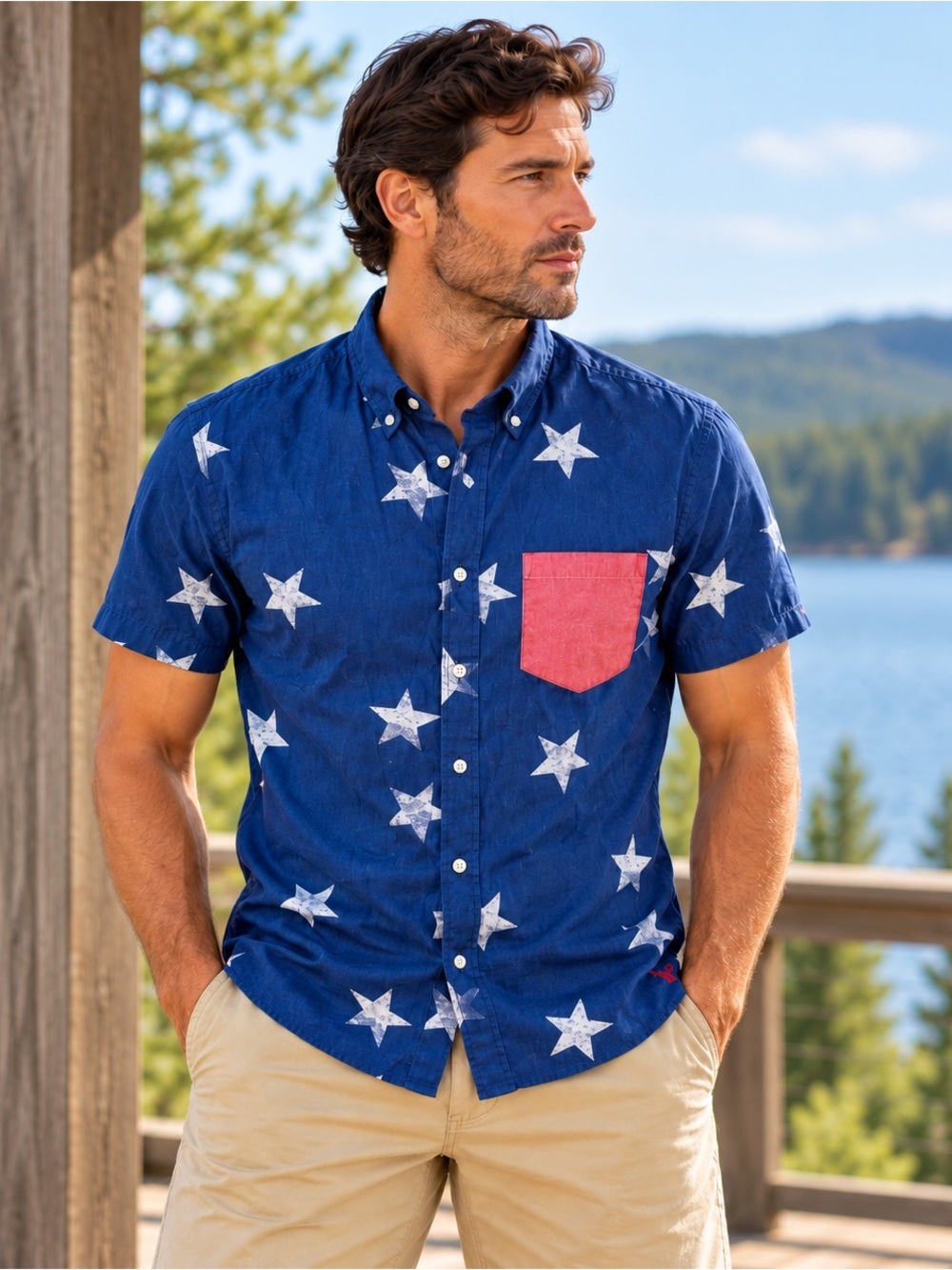 American Eagle Slim Fit Button Shirt Mens Medium Stars Red White Blue Patriotic